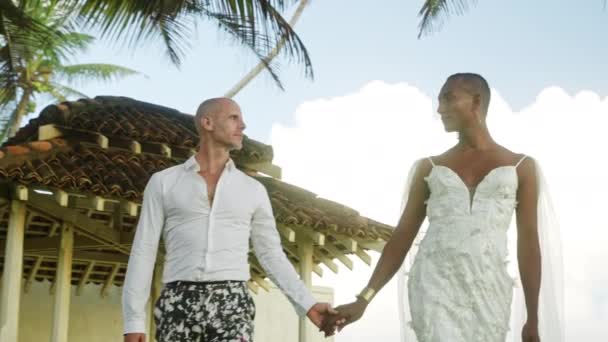 Lgbtq Multiracial Couple Walk Holding Hands Outdoor Wedding Ceremony Two — Stock Video