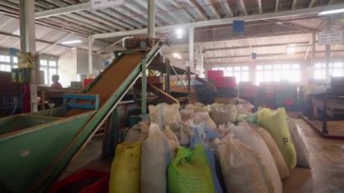 2023-06-01 - Ramboda, Sri Lanka. Bluefield Çay Fabrikası. Taşıyıcı bant çay paketlerini hareket ettirir. Çay yaprakları, işleme makineleri olan çay fabrikasının içinde üretimle işçiler ilgilenir. Yavaşla
