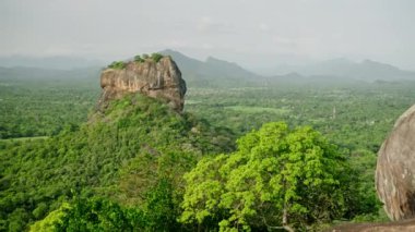 Pidurangala Kayası kaşifi yemyeşil manzarayı gözlemler, Sri Lanka ikonik simgesini yürütür. Sırt çantalı kadın yürüyüşçü, antik Sigirya Kayası kalesine hayran. Macera seyahati, vahşi doğa.