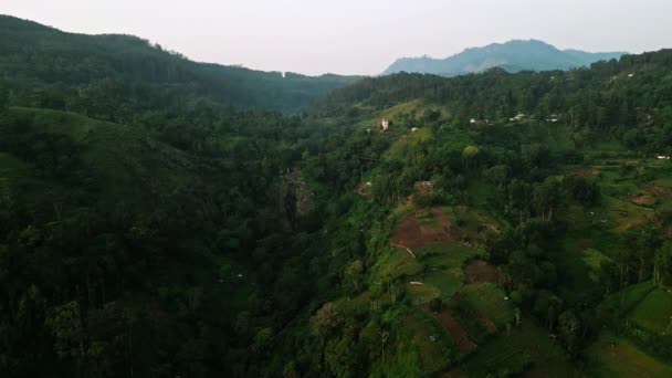 Floresta Cascatas Entre Picos Nebulosos Drone Voa Sobre Cachoeiras Ella — Vídeo de Stock