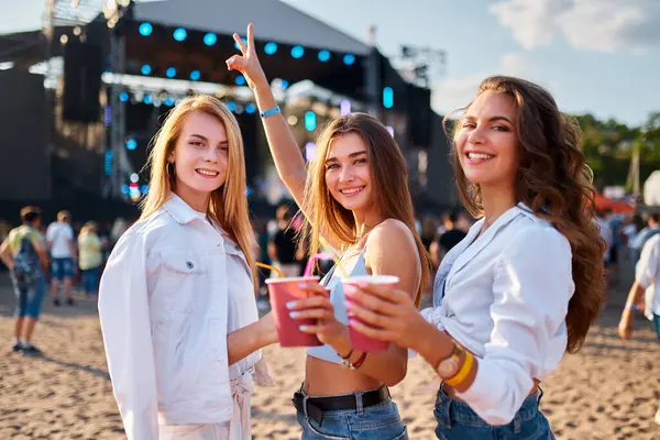 Gülümseyen arkadaşlar eğleniyor, yaz havası, sahil şeridi arkaplanı. Bir grup mutlu kadın, canlı bir plaj müzik festivalinde kokteyllerle tezahürat yapıyor. Kızlar içki içer, kutlama yapar, canlı müzik için dans eder..