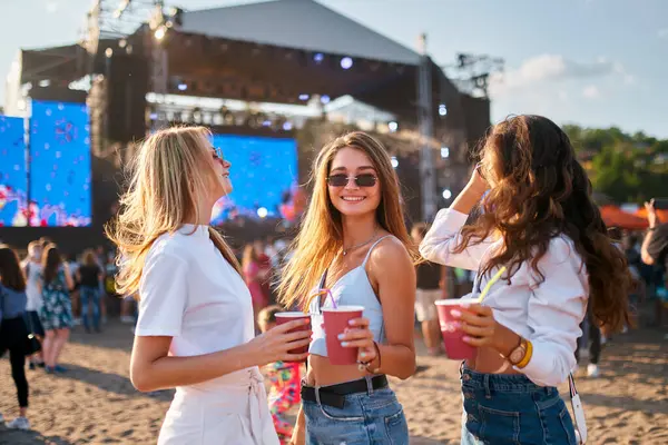 Açık gökyüzünün altında dans ederler, sahne arkasında canlı performansla. Plaj müzik festivalinde güzel bir yaz içkisi içen bir grup neşeli kadın. Güneş gözlüklü kızlar festival havasından, güneşli ortamdan hoşlanırlar..