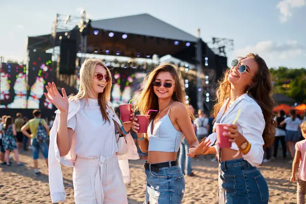 Bir grup genç kadın kutlama yapıyor, açık hava konserinde eğleniyor, kalabalıkla dolu canlı bir festival sahnesi, arka planda sahne. Kızlar plajda yaz müzik festivalinin keyfini çıkarıyor, içkilerini yudumluyor, gün ışığında dans ediyor..