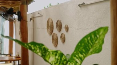 Hipster kafe terasında saman süslemeli beyaz duvar, bulanık yeşil tropikal bitki. Bali 'deki açık hava restoranının dış detayları. Turistler için ilginç bir yer. İyi tatiller.