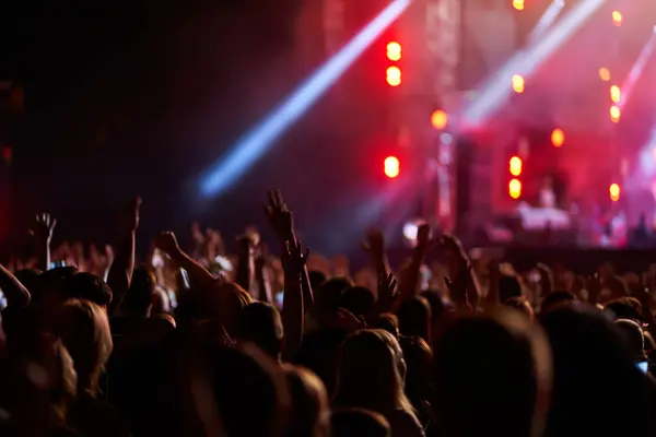 Hayranlar el kaldırır, konser atmosferinde dans ederler. Enerjik dinleyiciler, sanatçılarla aydınlatılmış gece müzik festivalinin keyfini çıkarıyorlar. Canlı eğlence, açık hava kutlaması, gençlik heyecanı..