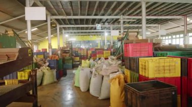 2023-06-01 - Ramboda, Sri Lanka. Bluefield Çay Fabrikası. İşçilerle birlikte çay işleme atölyesinin içinde. Taşıma çantaları, dağıtım için çay dolu kutular. Çalışanlar sınıflandırılır, iş akışı paketlenir.