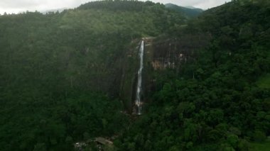 Drone görüntüleri, seyahat, doğa ve belgesel içeriği için ideal olan sisli dağların arasında görkemli akışını yakalar. Diyaluma Şelalesi, Sri Lanka 'nın en yüksek şelalesi, yemyeşil bitkiler arasında çağlıyor..