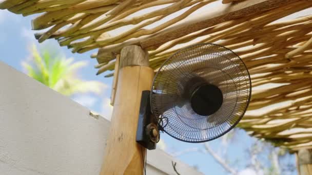 Electric Fan Wooden Pole Straw Canopy Rotates Providing Cool Air — стокове відео