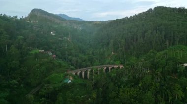 İHA ikonik demiryolu üzerinde uçar, zengin bitkiler. Sri Lanka 'daki Gündoğumu Köprüsü' nü aydınlatıyor. Puslu dağlar tarihi yapıyı sarar. Sabah sükuneti, dokunulmamış doğa sahnesi.