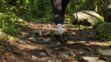 Arkadan bakan kadın orman dağlarında yürüyüş direğiyle yürüyor. Dağ yolunda kadın yürüyüşçü açık hava kıyafetleri giyiyor. Yeşil doğanın arasında yavaş çekimde yürü. Macera, yaz gezisi. Yavaşla