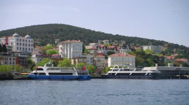 Turistler ve yerliler güneşli bir günün tadını çıkararak adanın kültürel bölgelerini ve doğal güzelliklerini keşfediyorlar. Büyükada Adası manzaralı feribot gezisi, deniz kenarındaki binalar, zengin tepeler ve canlı rıhtımlar..