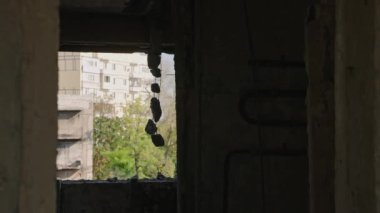 Yıkımın içinde çatlak duvarlar, ateş izleri, korunmasız beton var. Video Mariupol 'de yanmış, bombalanmış bir daire olduğunu gösteriyor. Harap olmuş içeriden dışarıdaki konut binasına bir bakış açısı. Yavaşla