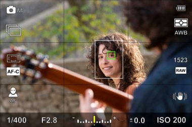 Bir ekran veya kamera görüntüleyicisinin bir portre fotoğrafının fotoğraf ayarlarıyla temsil edilmesi