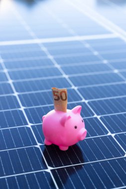 Image with copy space of energy saving concept with solar panels and a piggy bank with fifty euro banknote
