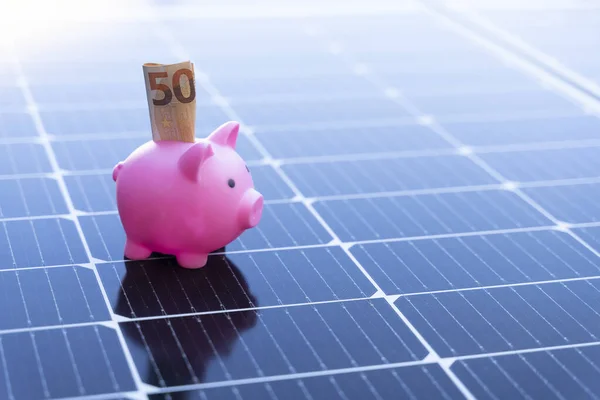Image with copy space of energy saving concept with solar panels and a piggy bank with fifty euro banknote