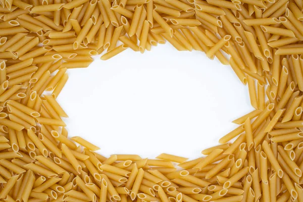 Top View Pile Dried Macaroni White Background Copy Space Middle — Stock Photo, Image