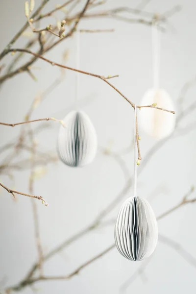 Easter Paper Eggs Hanging Branches Scandinavian Style Easter Decorations 图库照片