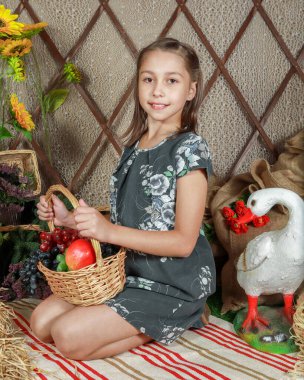 Gri çiçekli şık elbiseli genç bir kız, elmalar ve üzümlerle dolu sepeti tutan, rahat bir evde çizgili bir battaniyenin üzerine diz çöker. Onun yanında, sakin bir beyaz kaz cazibe katar..