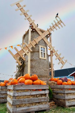 Samandan yapılmış sevimli bir yel değirmeni saman dolu sazdan yapılmış, küçük pencereli ve saman dolu sandıklarda balkabaklarıyla. Sahne, dingin, beyaz bir arkaplan üzerine kuruludur..