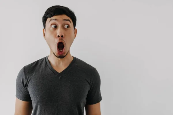 Funny Amazing Shocked Surprised Asian Man Face Advertise Isolated White — Stock fotografie