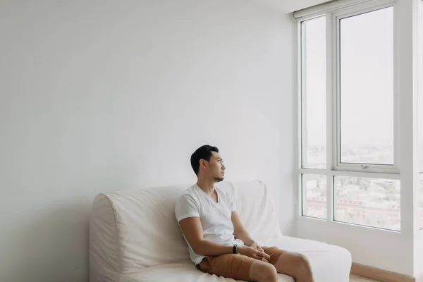 Bored Lonely Asian Man His Spare Time Waste His Apartment — Fotografia de Stock