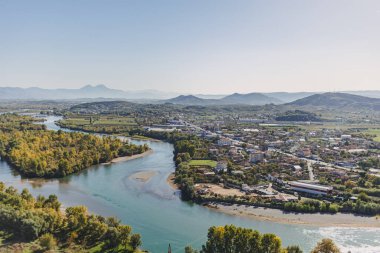 Beautiful river landscape view from above of Shkoder city in Albania.
