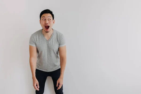 Full Portrait Shock Face Asian Man Looking Empty Space Isolated — Stock Photo, Image