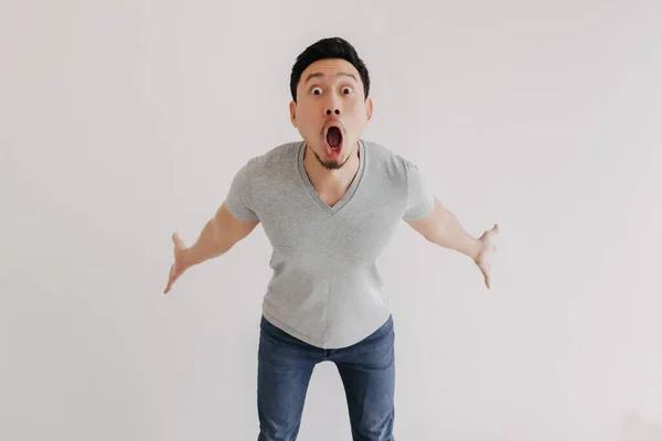 Funny Wow Face Full Body Portrait Asian Man Jean Isolated — Stock Photo, Image