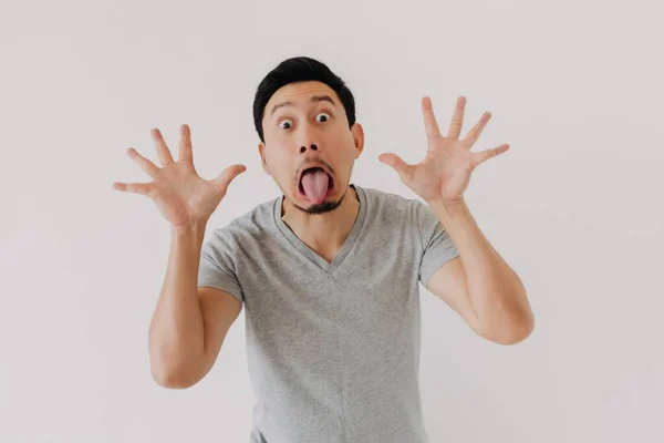 Funny Tease Bully Face Asian Man Grey Shirt Isolated White — Stock Photo, Image