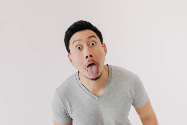 Funny Tease Bully Face Asian Man Grey Shirt Isolated White — Stock Photo, Image