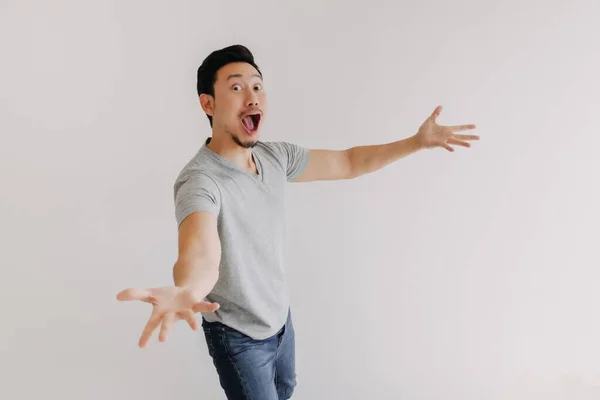 Funny Wow Face Full Body Portrait Asian Man Jean Isolated — Stock Photo, Image