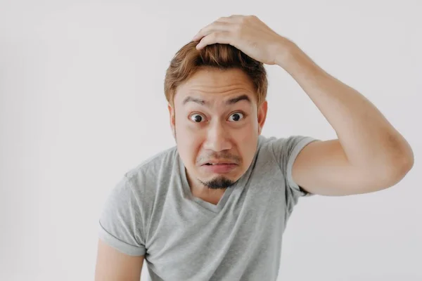Angry Sad Face Asian Man Impress His Hair Color Isolated — Stock Photo, Image