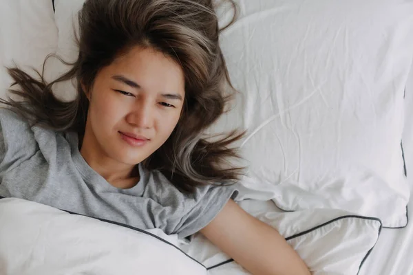 Top View Asian Woman Just Wake Lying Bed Feeling Ready — Stock Photo, Image