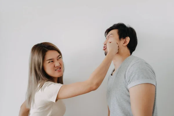 Domestic Violence Asian Wife Hitting Husband Isolated White — Stock Photo, Image