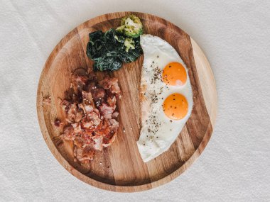 Yüksek protein keto diyet kahvaltı pastırma ıspanak ve yumurta.