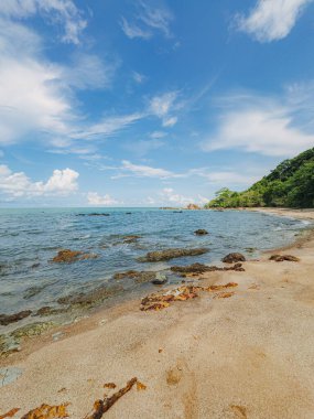 Açık okyanus suyu güneşli bir günde kayalık kıyılarla buluşuyor.