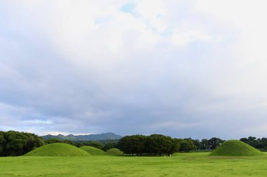 Güney Kore 'nin Gyeongju şehrindeki Bulutlu bir günde Daereungwon Mezar Kompleksi' nde Orman ve Dağlık Arazi 'de Antik Kore Mezarlığı. Yüksek kalite fotoğraf