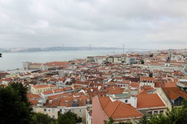 Panoramic View of Lisbon Cityscape with 25 de Abril Bridge on Cloudy Day. High quality photo clipart