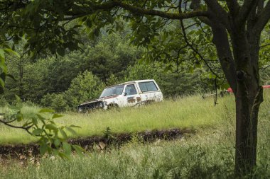 Eski, terk edilmiş bir SUV aracı Fransız Drme bölgesinde bir doğa bölgesinde bırakılmış.