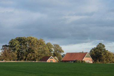 Sonbaharda bulutlu bir gökyüzünün altında eski ahırları olan güneşli bir çiftlik evi.