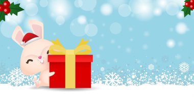 Mutlu Noeller ve mutlu yıllar ve Noel Baba şapkası takan mutlu tavşan ya da Noel hediyesi kutusu izole edilmiş kış arkaplanı illüstrasyonlu kep kış.