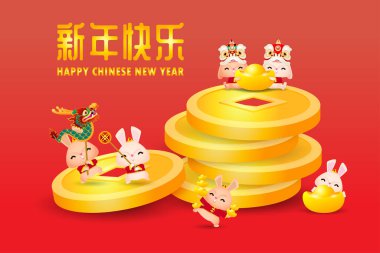 Mutlu Çin Yeni Yılı 2023 konsepti aslan dansı, ejderha dansı ve Çin altını külçeli şirin tavşan tavşan tavşan, tavşan zodyak yılı, gong xi fa cai çizgi film karakteri çizimi, yeni yılı tercüme et