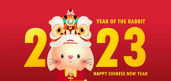 Frohes Chinesisches Neujahr 2023 Hintergrund Niedliches Kaninchen Mit Löwentanz Und — Stockvektor