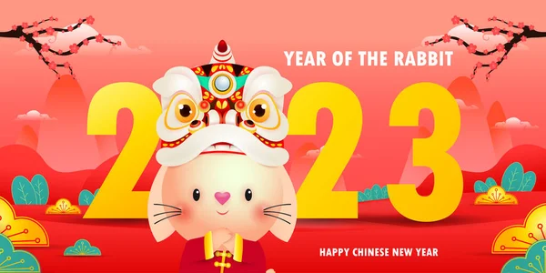 Feliz Año Nuevo Chino 2023 Fondo Lindo Conejo Con Danza — Vector de stock