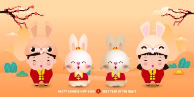 Mutlu Çin yeni yılı 2023 afiş şablonu küçük çocuklar ve tavşanlı gong xi fa cai, broşür, takvim vektör tasarımı, çeviri mutlu yeni yıl