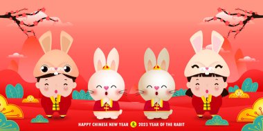 Mutlu Çin yeni yılı 2023 afiş şablonu küçük çocuklar ve tavşanlı gong xi fa cai, broşür, takvim vektör tasarımı, çeviri mutlu yeni yıl