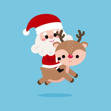 Şirin Noel Baba Çizgisi Ren geyiğine biniyor, Mutlu Noeller ve mavi arka planda yeni yılınız kutlu olsun Vector Illustration