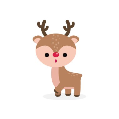 Sevimli çizgi film ren geyiği düz stili, Mutlu Noeller ve beyaz arkaplan vektör illüstrasyonunda izole edilmiş mutlu yıllar