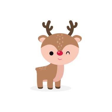 Sevimli çizgi film ren geyiği düz stili, Mutlu Noeller ve beyaz arkaplan vektör illüstrasyonunda izole edilmiş mutlu yıllar