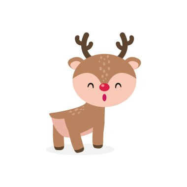 Sevimli çizgi film ren geyiği düz stili, Mutlu Noeller ve beyaz arkaplan vektör illüstrasyonunda izole edilmiş mutlu yıllar